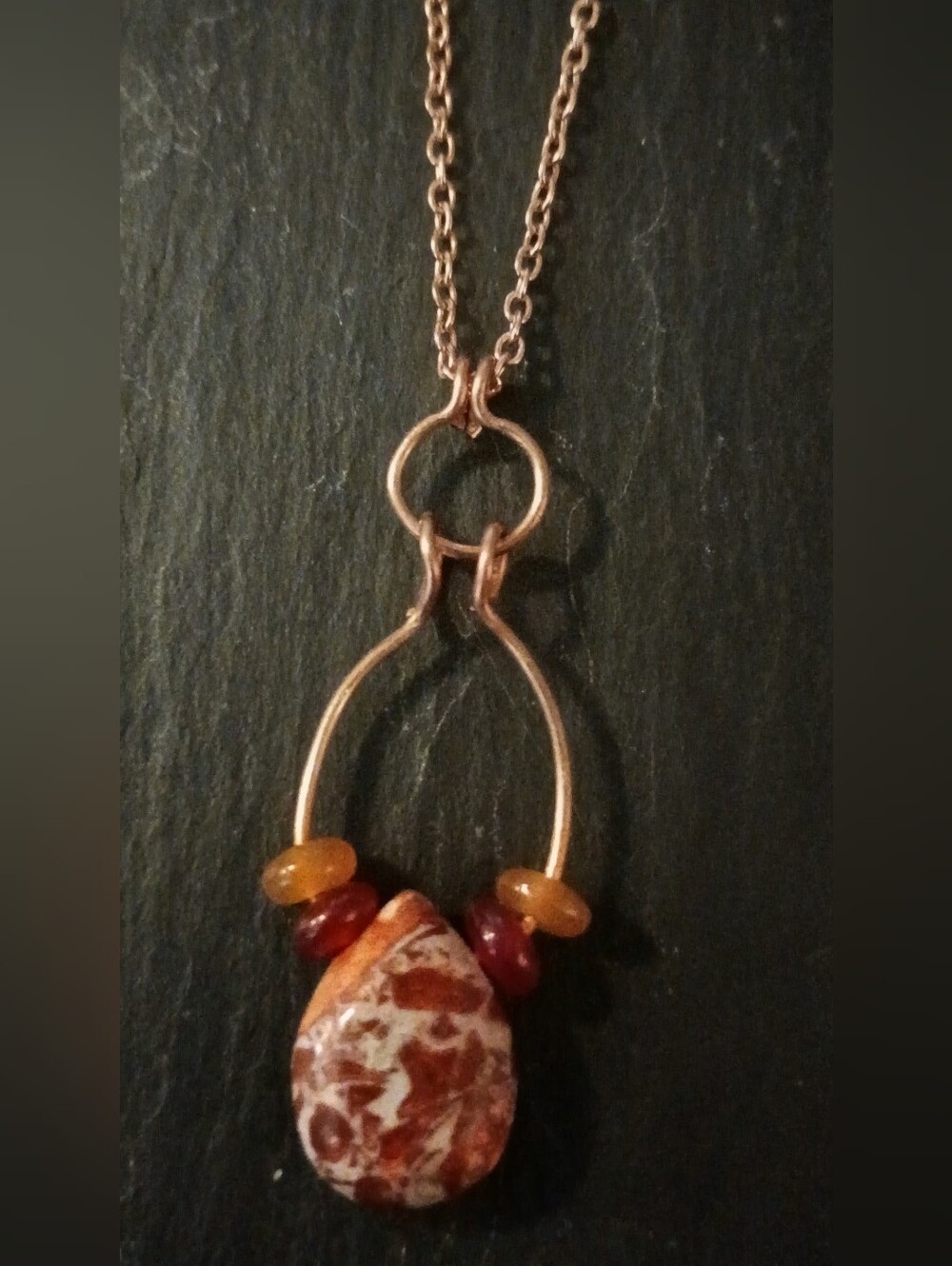 Copper Teardrop Pendant Necklace with Brown Marbled Stone and Amber Accents